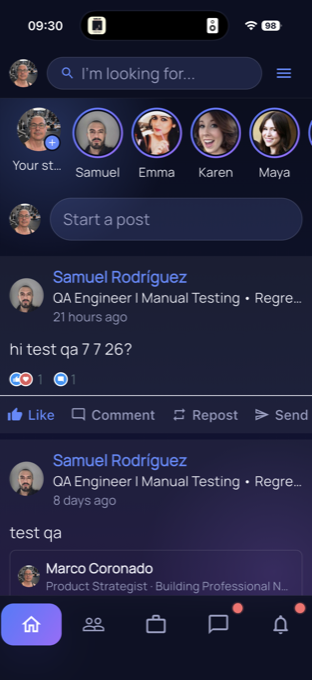 ConneXt home feed in dark mode