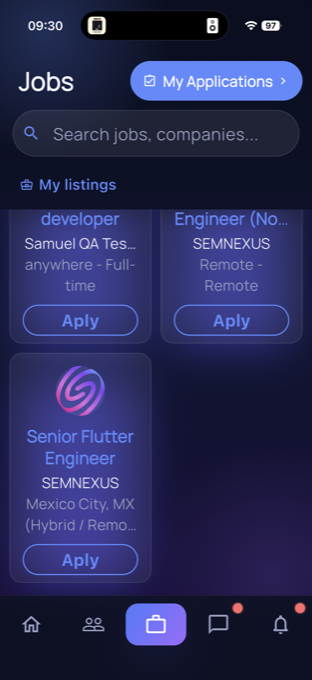 ConneXt jobs screen in dark mode
