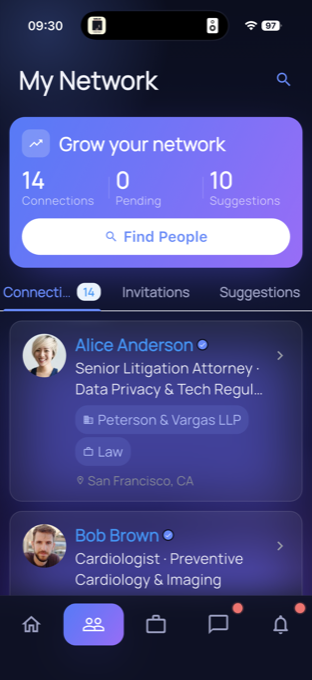 ConneXt My Network screen in dark mode