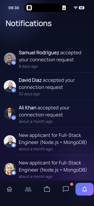 ConneXt notifications screen in dark mode